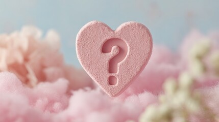 Close-up of a pink heart-shaped object with a question mark on it. the heart is made of a soft, plush material and is placed on top of a bed of fluffy pink flowers.