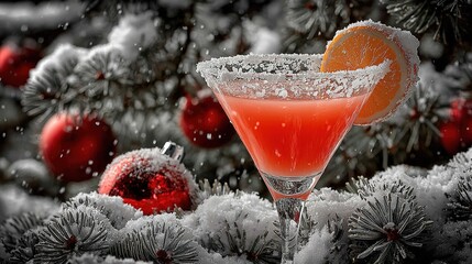 Minimalist top-down product shot: sugar-rim red Christmas martini on grey backdrop, snow-covered pine branches and red ornaments, soft shadow, hi-res for bar promo