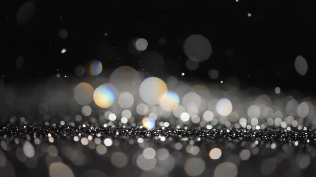 Closeup of glittering bokeh lights on dark surface with a blurred black background