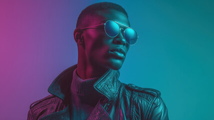 A futuristic portrait of a fashionable young man. The confident model wears stylish sunglasses and a leather jacket, standing under vibrant blue and pink neon studio lights.