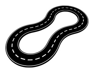 Black and white infinity shaped winding road with dashed center dividing lines