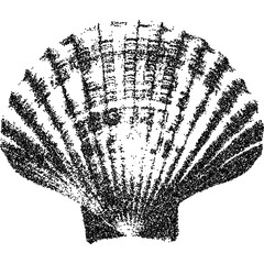 Distressed stipple scallop, black grain texture of sea shell. Grunge photocopy noise effect on white background, vector illustration