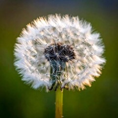 Close-up of a dandelion seed head, illuminated by sunlight against a soft, green backdrop