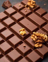 Close-up of a dark chocolate bar, garnished with walnuts, on a textured, dark background