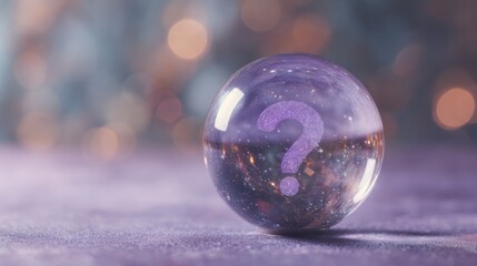 Close-up of a crystal ball with a purple question mark on it. the crystal ball is spherical and appears to be floating on a purple surface.