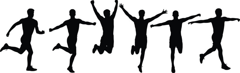Silhouettes of person in dynamic jumping and running poses, black illustration capturing motion, energy, and athletic movement
