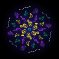 Mardi Gras neon decorative ornament in vector. Mardi Gras decorative mandala.