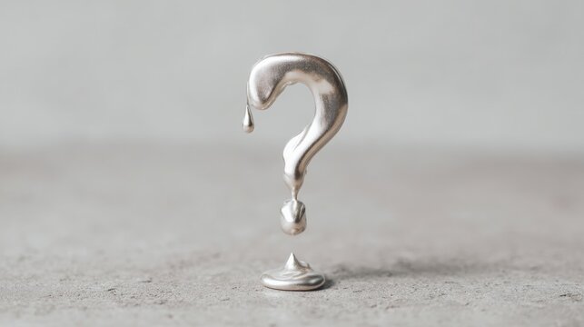 Close-up of a silver question mark on a concrete surface. the question mark is in the shape of a curved, elongated body with a pointed tip at the bottom.