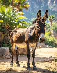 Brown donkey stands in sunny outdoors, surrounded by tropical vegetation and rocks