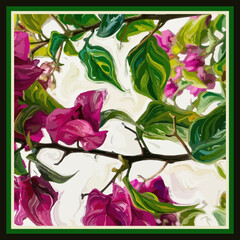 Square scarf design with pink bougainvillea flowers. Silk foulard pattern with green border. Vector art floral composition in a square frame for bandana or handkerchief design. For textile print.