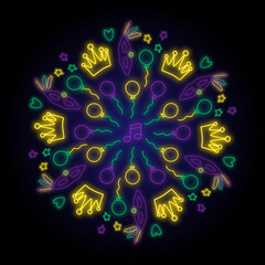 Mardi Gras neon decorative ornament in vector. Mardi Gras decorative mandala.