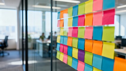 Colorful sticky notes meticulously arranged on a modern office glass wall, creating a vibrant mosaic that symbolizes agile brainstorming and collaborative strategy.
