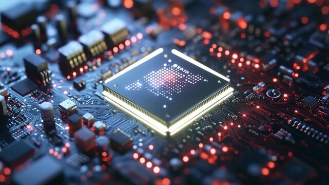 Close-up view of a powerful modern microchip glowing on a circuit board with electronic components, symbolizing digital technology, innovation, processing power and futuristic computer science