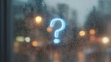 Close-up of a window with raindrops on it. in the center of the image, there is a blue question mark symbol. the background is blurred, but it appears to be a cityscape with buildings and lights.