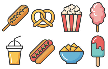 Colorful isolated fast food and snack set with hot dog popcorn pretzel and ice cream