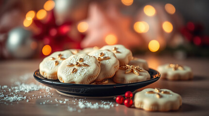 Elegant homemade Christmas cookies with gold leaf details served on a black plate, surrounded by red ornaments and warm festive bokeh lights for a premium holiday concept.