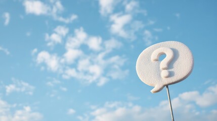 Close-up of a white speech bubble with a question mark on it. the speech bubble is attached to a metal stick and is set against a blue sky with white clouds.