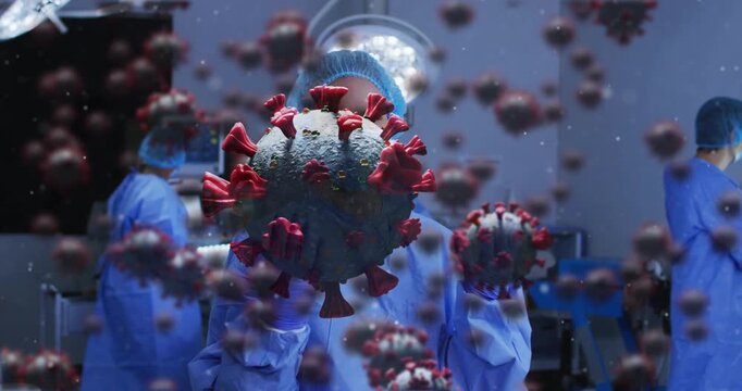 Nurse at center in medical OR, scattered virus drifting forward, obscuring torso, showing spread