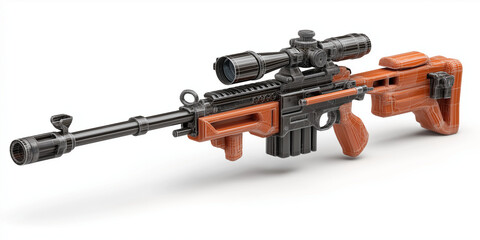 Realistic 3D illustration of sniper rifle toy with detailed scope and orange accents, isolated on white background. design is intricate and visually striking