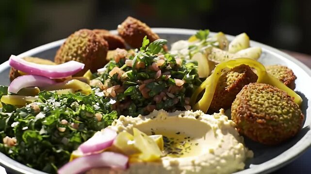 Rotating close-up of vibrant Mediterranean falafel platter with hummus tabbouleh and pickled vegetables in natural light