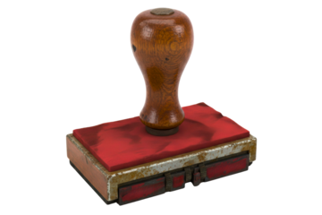 Vintage wooden handle rubber stamp with a red ink pad isolated on a transparent background