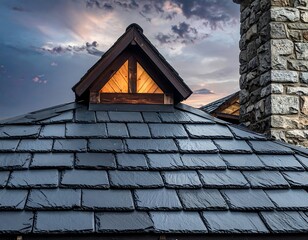 Close-up of a dark, textured roof with a triangular wooden frame, and a stone chimney