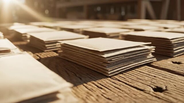 Numerous stacks of brown envelopes are neatly arranged on a weathered wooden surface under a bright sunlit setting