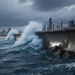 Stormy ocean waves powerfully surge and break against a concrete sea barrier, with a contemporary city's skyscrapers visible on the horizon beneath a dark and foreboding sky