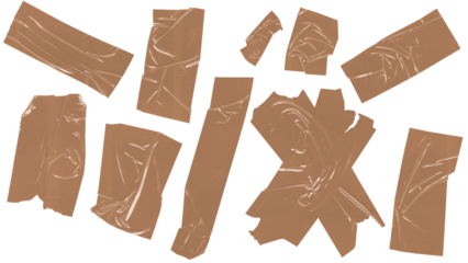 Various brown adhesive tape fragments, some smooth and some crumpled, creating versatile design elements for projects requiring a textured, practical, or handmade aesthetic