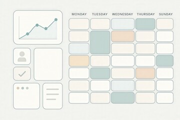 Fototapeta premium Analytical Dashboard Tracking Weekly Metrics with Data Visualization in a Minimalist Design for Productivity Enhancement and Time Management Insights