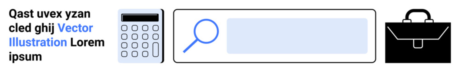 Financial planning, business solutions, search tools, digital marketing, data analysis, work organization. Icons of a calculator, magnifying glass in a search bar and a briefcase. Financial planning