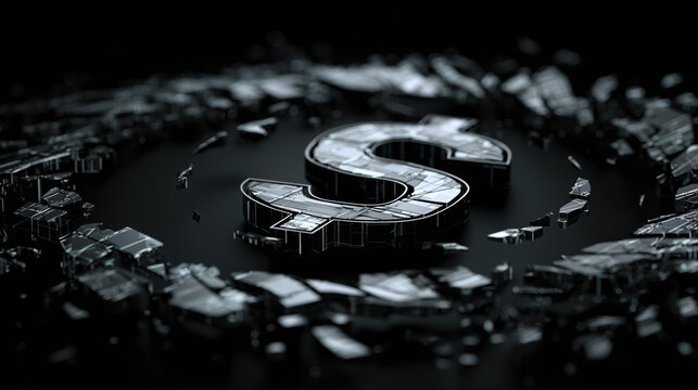 Broken dollar sign symbol made of glass-like material, shattered financial icon on dark background, metaphor for economic crisis or wealth loss. - Powered by Adobe