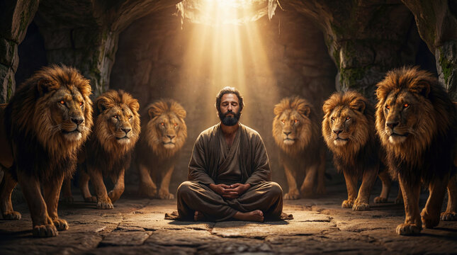 Biblical scene of Daniel sitting peacefully in the lions' den surrounded by lions under a divine light. Concept of faith, prayer and God's protection in the Old Testament.