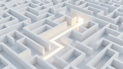 High-angle perspective of a complex white 3D maze with a single path leading to a glowing exit, representing strategic problem-solving and the triumph of finding a solution.