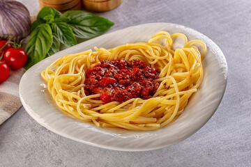 Italian pasta spaghetti bolognese with minced beef meat and tomato sauce