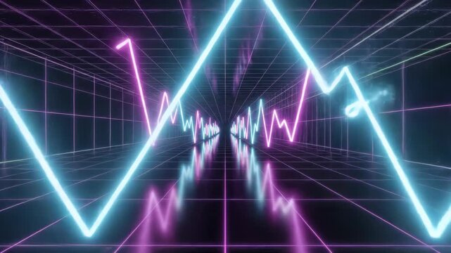 Futuristic neon grid with fluctuating glowing line chart displaying data analysis concept