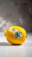 Close-up of a decaying lemon with mold, set against a blurred gray background
