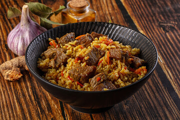 Asian traditional pilaf with beef