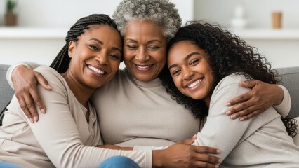 African American women and a girl embracing, showing love and connection. Family bond across generations. Mother, daughter, grandmother.