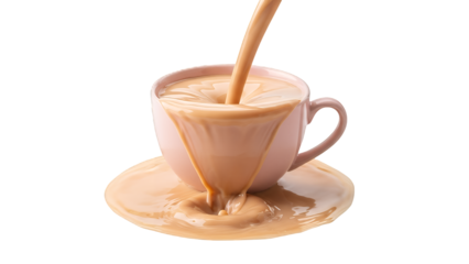 Dynamic cascade of creamy beverage gracefully overflowing from a delicate pink cup onto its saucer, creating an inviting splash, isolated on transparent background