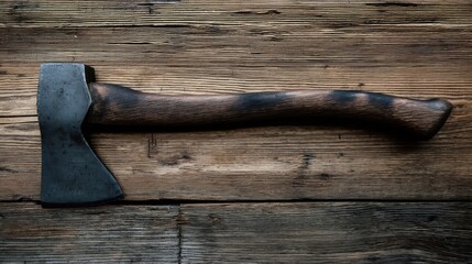 A traditional axe with a robust metal blade and dark wooden handle lies diagonally,