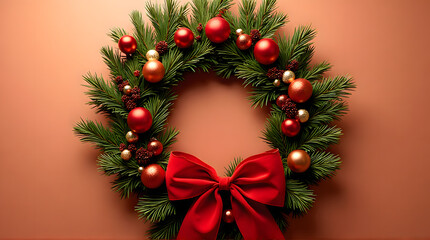 Classic Christmas Wreath with Red Bow and Ornaments