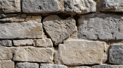 Ancient stone wall with irregularly shaped rocks, staggered layout, larger stones at the base,