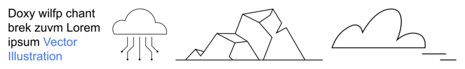 Weather patterns, natural elements, minimalism, environmental concepts, climate change, artistic designs. Minimal line art of clouds, rain and geometric rocks. Weather patterns and natural elements