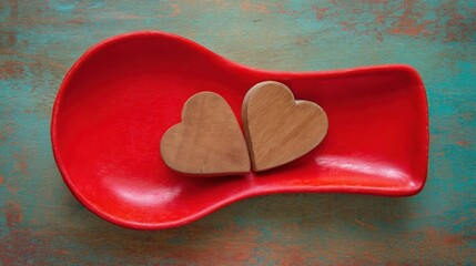 A red ceramic dish holds polished wooden heart shapes on a distressed turquoise background,