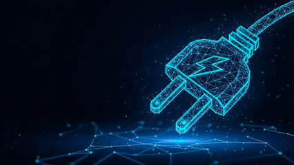 A futuristic, lowpolygon depiction of an electric plug in neon blue, featuring a lightning bolt at its center and connected by glowing lines and nodes, symbolizing digital energy and connectivity.