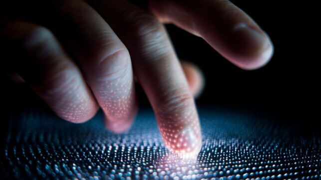 Close-up of hand interacting with tactile digital surface under blue light.