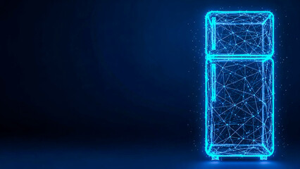 A stylized, wireframe model of a refrigerator constructed from glowing blue neon lines and connected points, creating a sense of advanced digital technology. The appliance has a freezer compartment