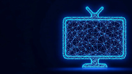 A stylized representation of an old television, formed by interconnected lines and dots in a bright neon blue, against a deep navy blue void. The image evokes a sense of digital art, futuristic