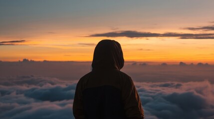 Silhouette of a person in a hooded jacket standing against a breathtaking dusk sky with vibrant orange, blue,
